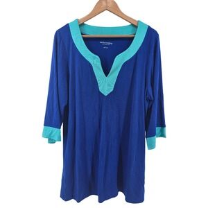 Soft Surroundings V Neck 3/4 Sleeve Tunic Top Royal Blue Teal Trim Large